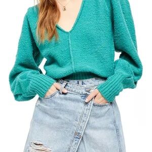 Free People Reverie V-neck Sweater - emerald aura - xl